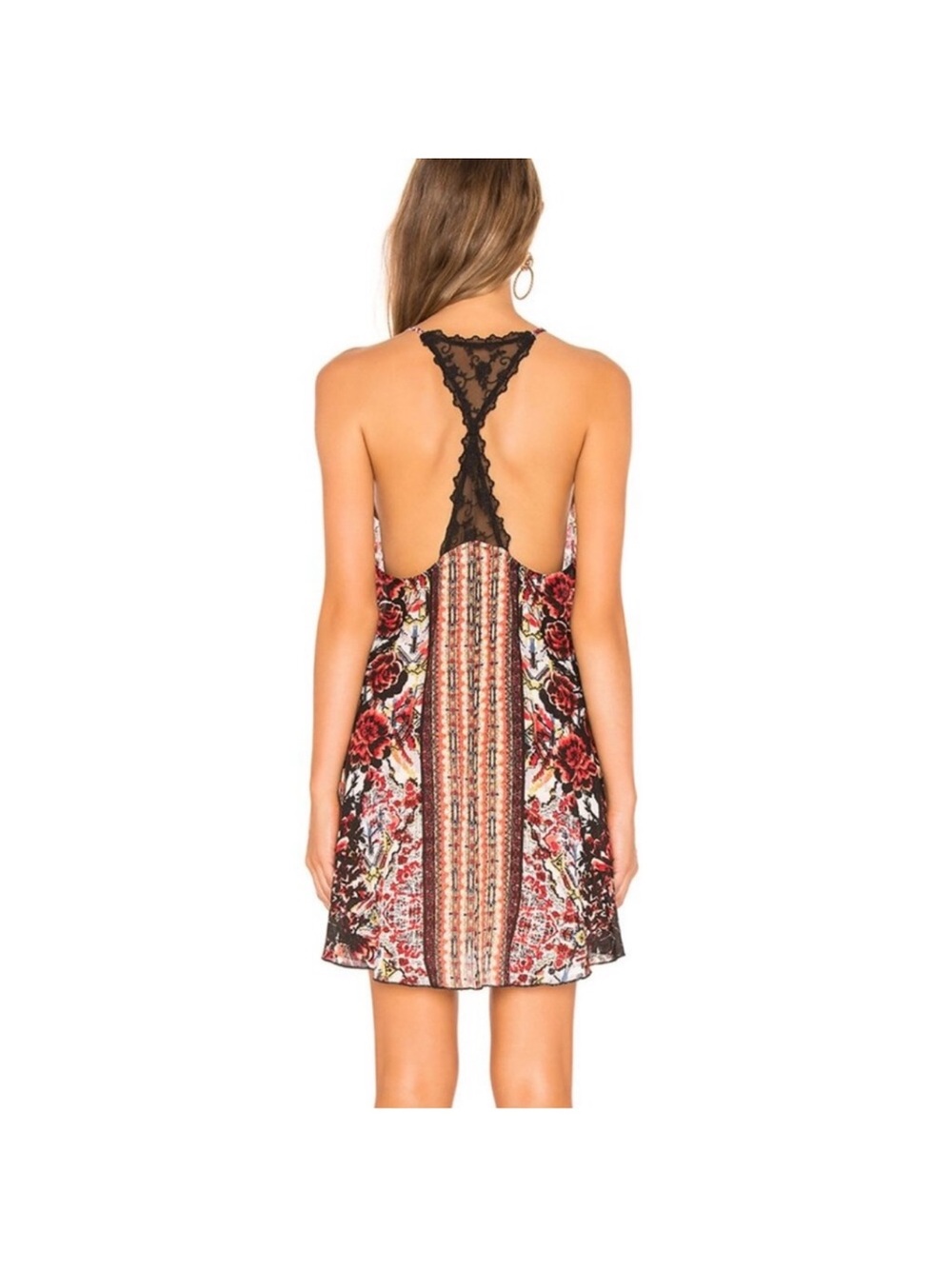 Free People Floral Stripe Lace-Back Mini Dress in Black and Red